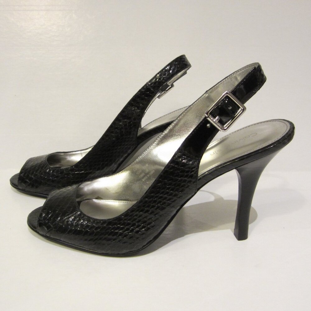 Calvin Klein Black Kona Snake Patent Peep-Toe Slingback Heels Pumps